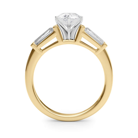 Yellow gold Pear Cut Diamond Solitaire Ring with Tapered Baguette Accents and Six-Prong Setting