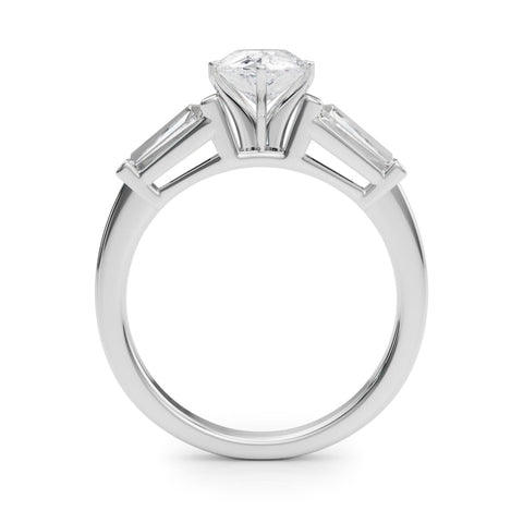 White gold Pear Cut Diamond Solitaire Ring with Tapered Baguette Accents and Six-Prong Setting