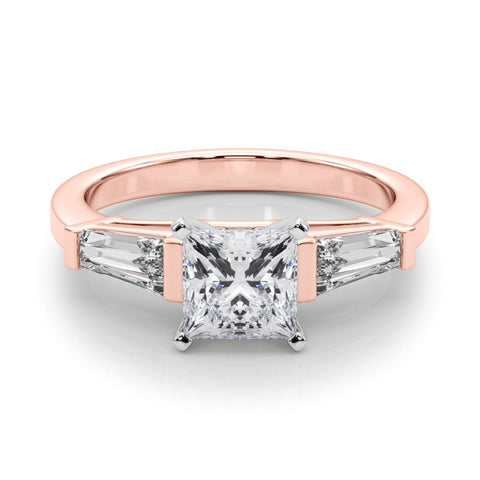 Rose gold Princess Cut Diamond Solitaire Ring with Tapered Baguette Accents and Four-Prong Setting