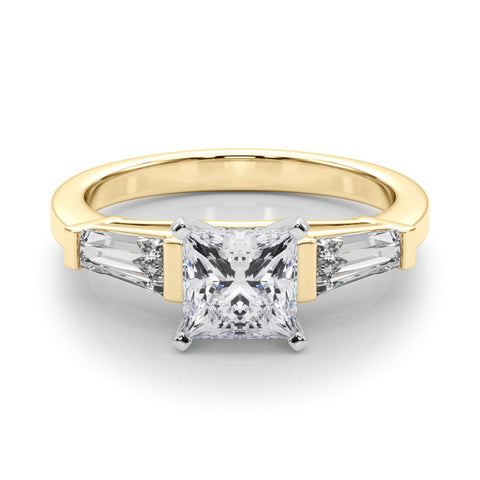 Yellow gold Princess Cut Diamond Solitaire Ring with Tapered Baguette Accents and Four-Prong Setting