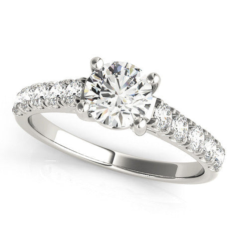 White gold Round Cut Diamond Pavé Band Solitaire with Four-Prong Setting