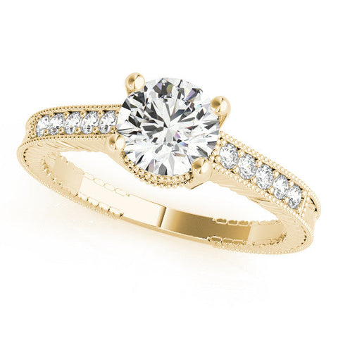 Yellow gold Radiant Solitaire Pavé Diamond Milgrain Engagement Ring with Four-Prong Setting
