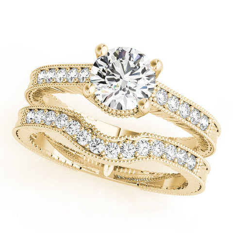 Yellow gold Emerald Solitaire Pavé Diamond Milgrain Engagement Ring with Four-Prong Setting