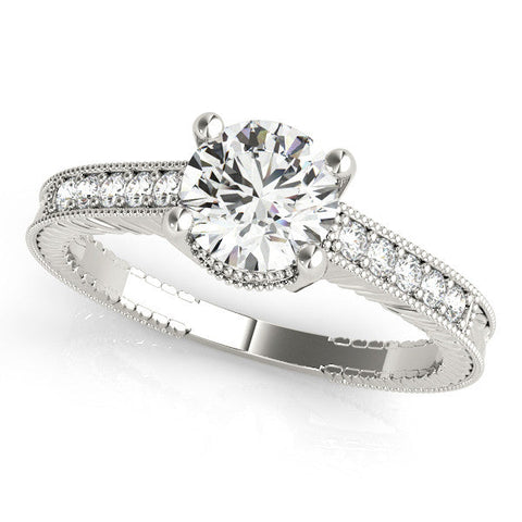 White gold Princess Solitaire Pavé Diamond Milgrain Engagement Ring with Four-Prong Setting
