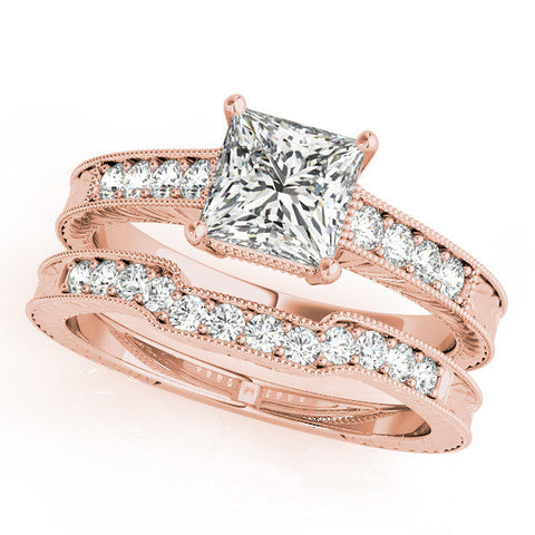 Rose gold Princess Cut Milgrain Channel Set Engagement Ring with Solitaire Prong Setting