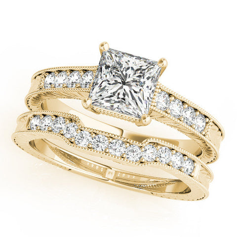 Yellow gold Princess Cut Milgrain Channel Set Engagement Ring with Solitaire Prong Setting