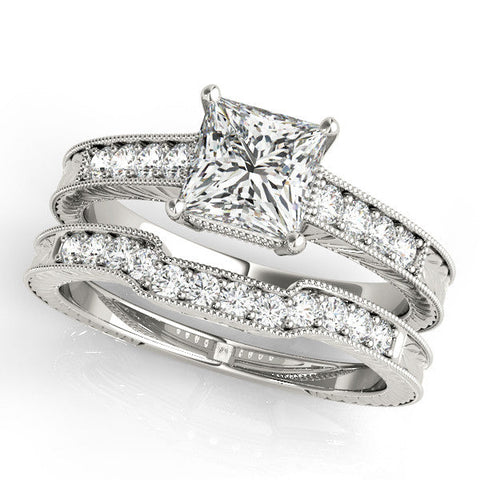Platinum Princess Cut Milgrain Channel Set Engagement Ring with Solitaire Prong Setting