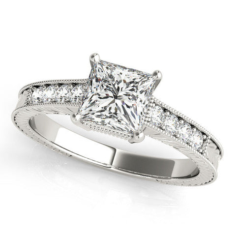 White gold Princess Cut Milgrain Channel Set Engagement Ring with Solitaire Prong Setting