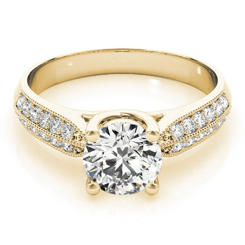 Yellow gold Round Brilliant Solitaire Engagement Ring with Pave Band and Four-Prong Setting