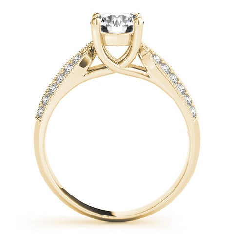 Yellow gold Round Brilliant Solitaire Engagement Ring with Pave Band and Four-Prong Setting
