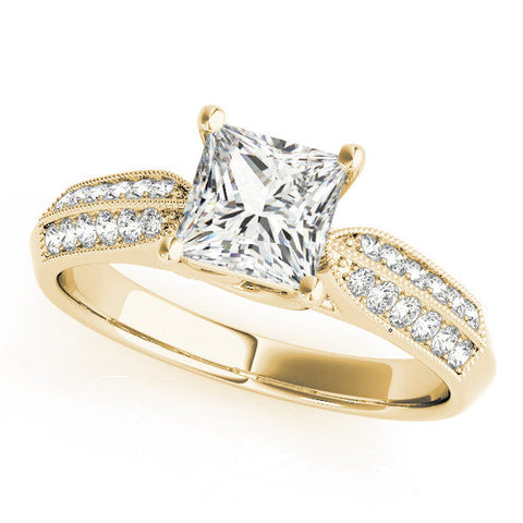 Yellow gold Princess Cut Pave Split Shank Engagement Ring with Four-Prong Setting