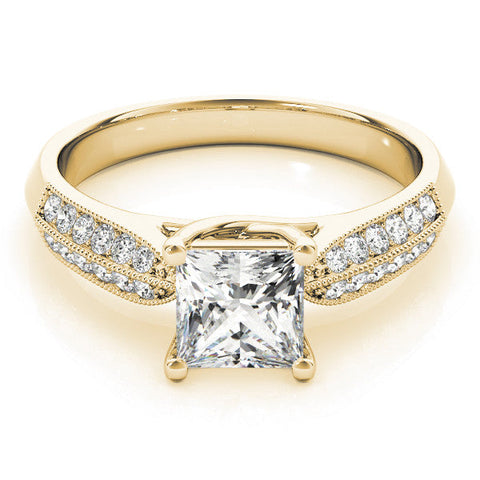 Yellow gold Princess Cut Pave Split Shank Engagement Ring with Four-Prong Setting