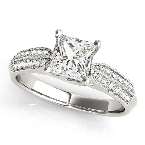 Platinum Princess Cut Pave Split Shank Engagement Ring with Four-Prong Setting