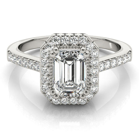 Platinum Emerald Cut Halo Diamond Ring with Pave Band and Four-Prong Setting