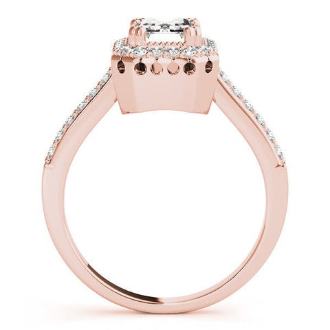 Rose gold Cushion Cut Halo Diamond Ring with Pave Band and Four-Prong Setting