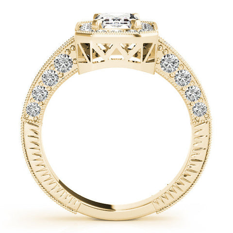 Yellow gold Cushion Cut Halo Diamond Pave Band Ring with Four-Prong Setting