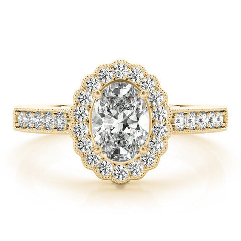 Yellow gold Oval Halo Diamond Ring with Pavé Band and Four-Prong Setting