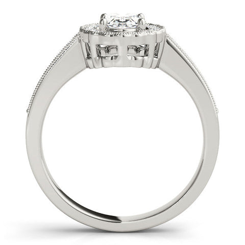 Platinum Oval Halo Diamond Ring with Pavé Band and Four-Prong Setting