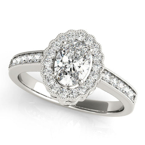 Platinum Oval Halo Diamond Ring with Pavé Band and Four-Prong Setting