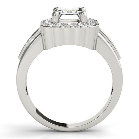 Platinum Emerald Cut Halo Pave Band Four-Prong Ring