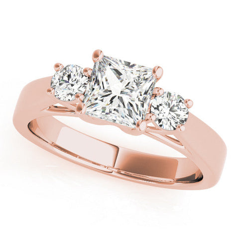 Rose gold Three-Stone Princess Cut Solitaire Ring with Round Side Stones and Four-Prong Setting