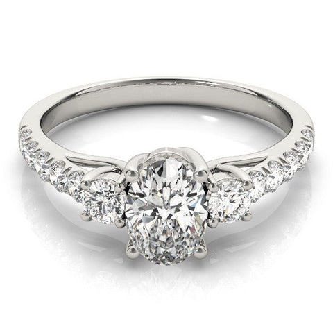 Platinum Oval Cut Three-Stone Diamond Pave Band with Prong Setting