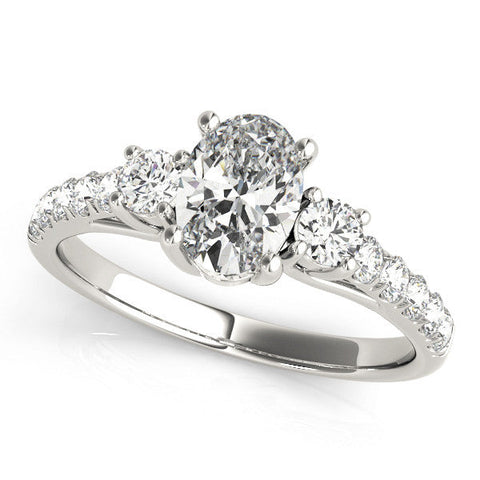 Platinum Oval Cut Three-Stone Diamond Pave Band with Prong Setting
