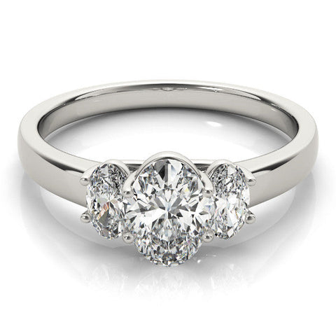 Platinum Oval Three-Stone Diamond Ring with Prong Setting on a Classic Band