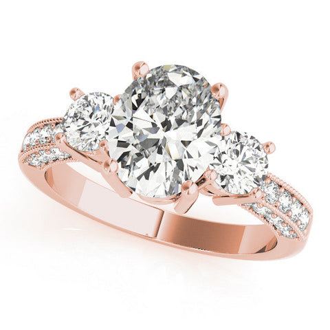 Rose gold Emerald Three-Stone Diamond Ring with Pavé Band and Four-Prong Setting