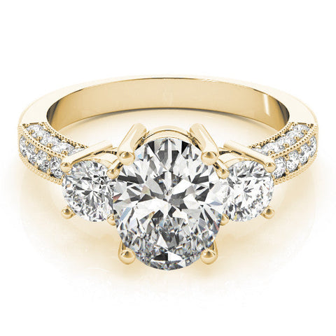 Yellow gold Round Three-Stone Diamond Ring with Pavé Band and Four-Prong Setting