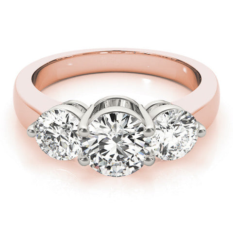Rose gold Three-Stone Round Brilliant Cut Solitaire Ring with Prong Setting on a Classic Band