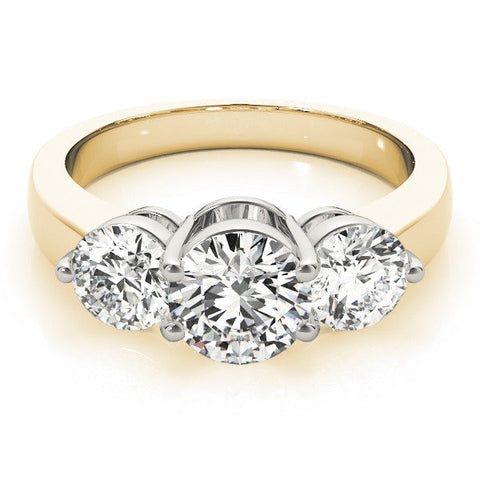Yellow gold Three-Stone Round Brilliant Cut Solitaire Ring with Prong Setting on a Classic Band