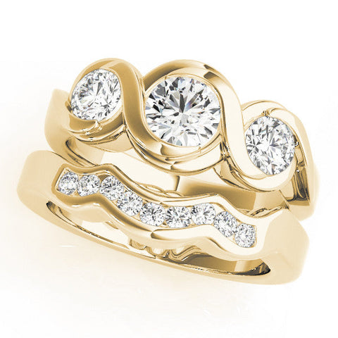 Yellow gold Three-Stone Round Diamond Wave Band with Bezel Setting