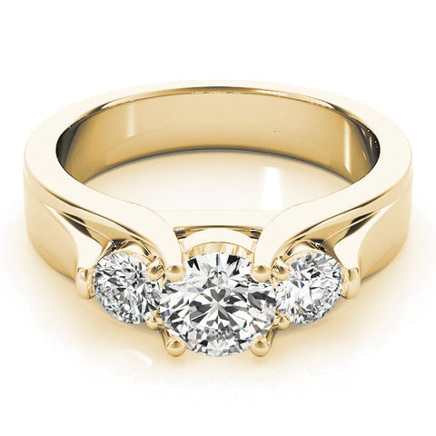 Yellow gold Three-Stone Round Diamond Trellis Engagement Ring with Split Shank Band