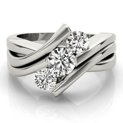 Platinum Three-Stone Round Diamond Crossover Band with Channel Prong Setting
