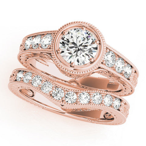 Rose gold Bezel Set Round Diamond Milgrain Pave Engagement Ring