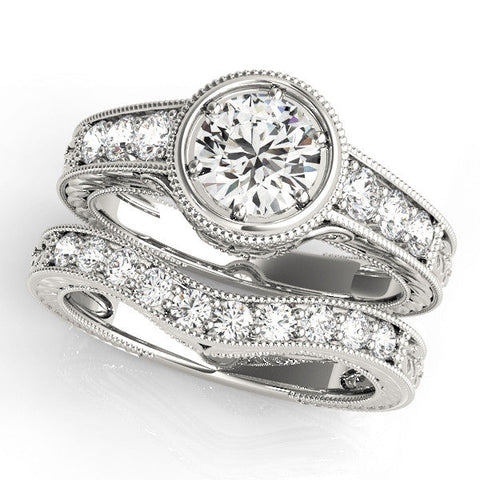 White gold Bezel Set Round Diamond Milgrain Pave Engagement Ring