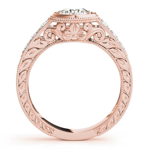 Rose gold Bezel Set Round Diamond Milgrain Pave Engagement Ring