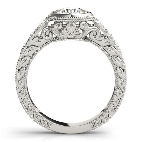 White gold Bezel Set Round Diamond Milgrain Pave Engagement Ring
