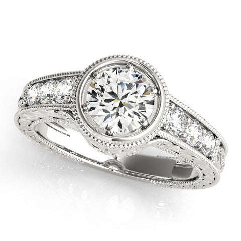 Platinum Bezel Set Round Diamond Milgrain Pave Engagement Ring