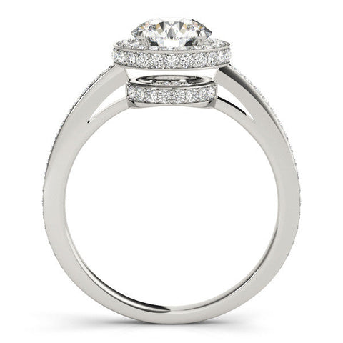 Platinum Round Halo Pave Band Solitaire Ring with Prong Setting