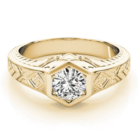 Yellow gold Hexagonal Bezel Cushion Diamond Engraved Band Ring