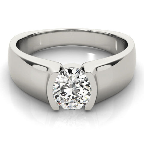 White gold Emerald Solitaire Bezel Set Diamond Ring with Wide Band