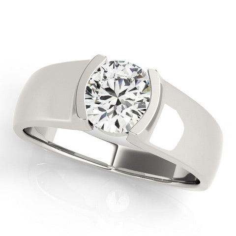White gold Emerald Solitaire Bezel Set Diamond Ring with Wide Band