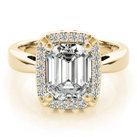 Yellow gold Cushion Cut Diamond Halo Engagement Ring with Split Shank and Four-Prong Setting