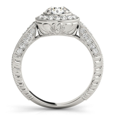 Platinum Round Halo Diamond Split Shank Ring with Milgrain Detail