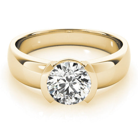 Yellow gold Round Solitaire Tension Set Diamond Ring with Wide Band