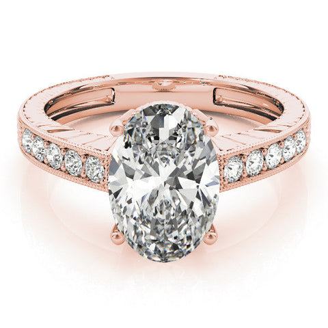 Rose gold Oval Cut Diamond Milgrain Pave Band Four-Prong Setting Ring