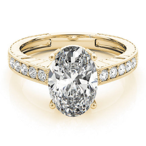 Yellow gold Oval Cut Diamond Milgrain Pave Band Four-Prong Setting Ring