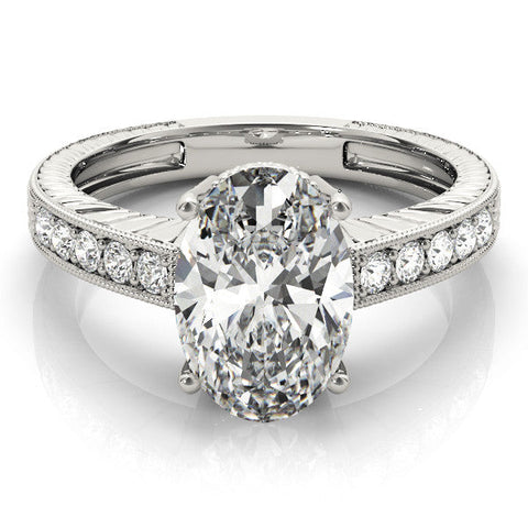 Platinum Oval Cut Diamond Milgrain Pave Band Four-Prong Setting Ring